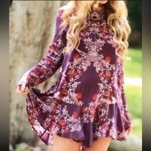 Free People Purple Floral Smooth Talker Long Sleeve Dress